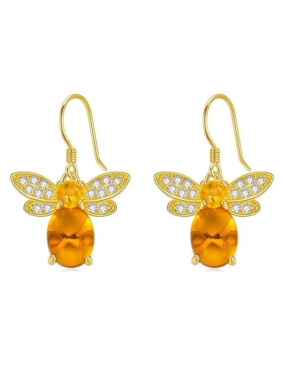 Amber Bee Earrings 925 Sterling Silver Honeybee Earrings Amber Honeybee Dangles 18K Gold Plated Bumble Bee Jewelry Gifts for Women