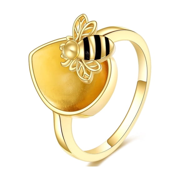 YAFEINI Amber Bee Ring for Women Sterling Silver Bumblebee Honey Amber Ring Amber Jewelry Gift for Women