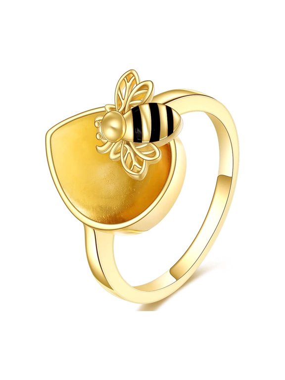 Amber Bee Ring for Women Sterling Silver Bumblebee Honey Amber Ring Amber Jewelry Gift for Women