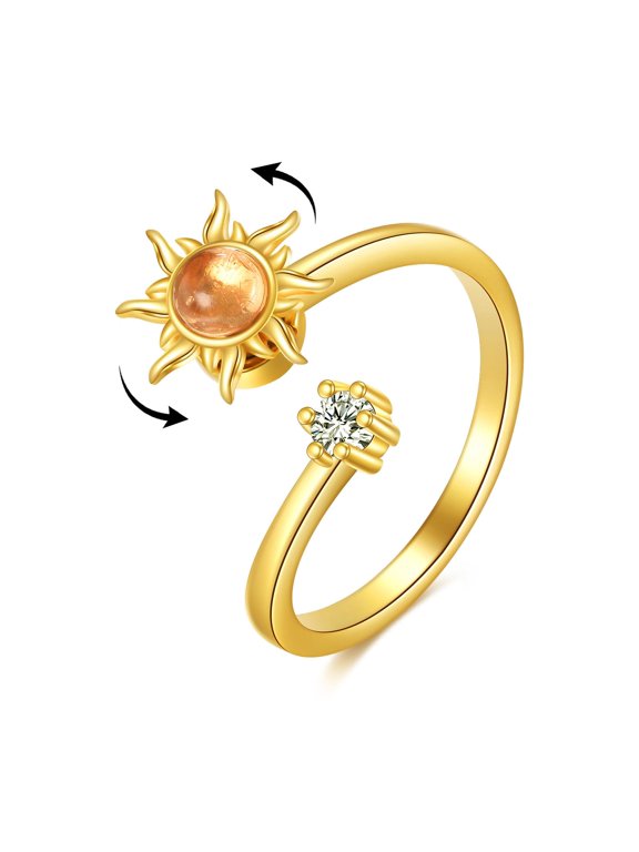 Amber Sun Ring Fidget Anxiety Gold Plated 925 Sterling Silver Spinner Rings for Women Mood Sun Jewelry Gifts Adjustable 6-8#