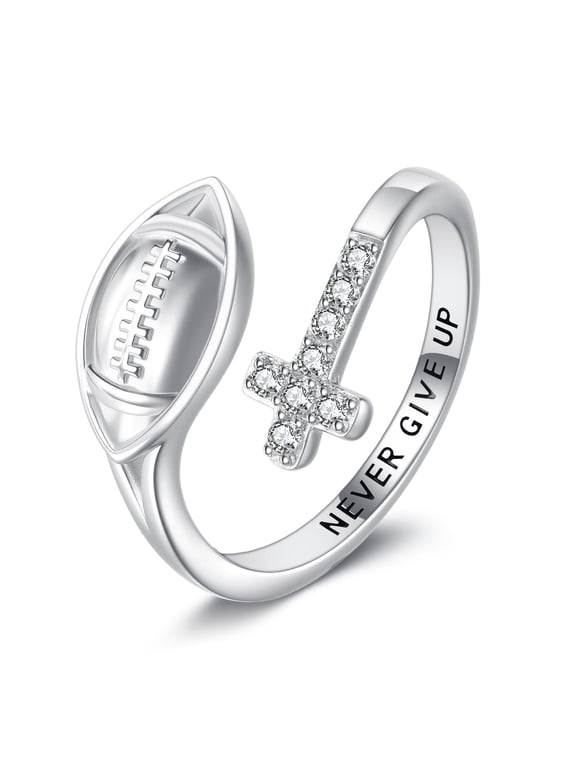 American Football Ring Sterling Silver Cross Adustable Ring Never Give Up Jewelry Lover Gifts for Women Rugby Player