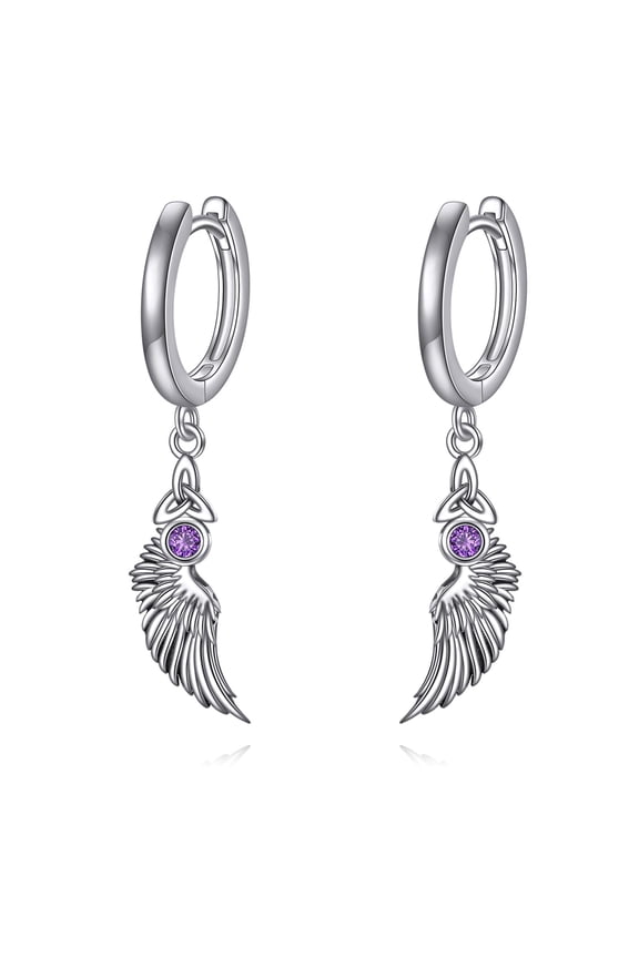 Angel Wings 925 Sterling Silver Dangle Earrings Celtic Knot Hoop Earrings Purple Zircon Jewelry for Women