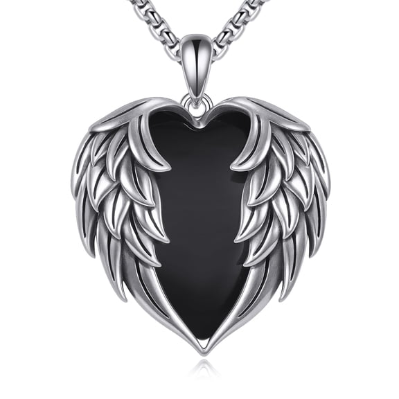 YAFEINI Angel Wings Necklace for Men Women 925 Sterling Silver Heart Black Onyx Gothic Guardian Jewelry