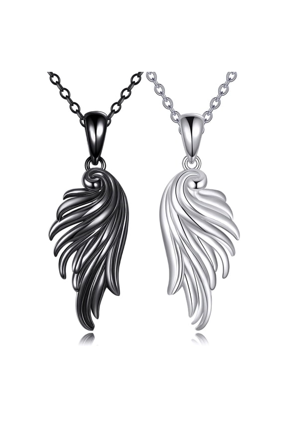 Angle Wings Necklaces Set for 2 Necklaces S925 Sterling Silver Guardian Angel Necklace Black And White Pendant Jewelry For Women Men 18+2/20+2 inch Length Chain