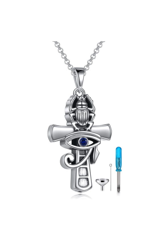 Ankh Cross Eye of Horus Urn Necklace for Ashes Moonstone Scarab Cremation Urn Jewelry for Memorial Sterling Silver Egyptian Keepsake Necklace Jewelry Gifts for Women Men