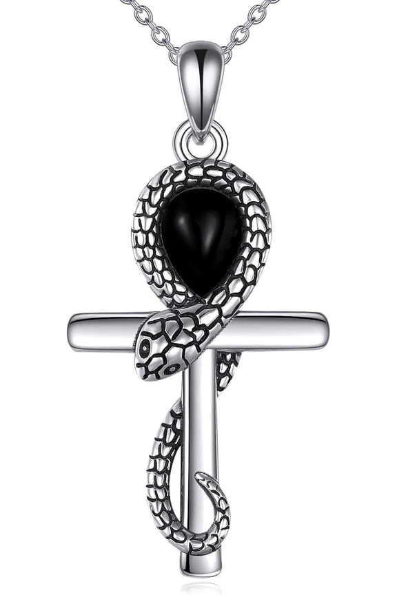 Ankh Cross Necklace 925 Sterling Silver Egyptian Ankh Cross Necklace Black Onyx Snake Cross Pendant Egyptian Jewelry Gifts for Women