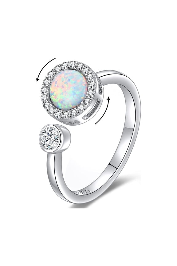 Anxiety Spinner Opal 925 Sterling Silver Ring for Women, Crystal June Birthstone Adjustable Ring, Anxiety Relief Rings