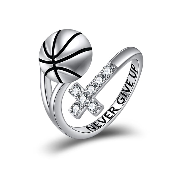 YAFEINI Basketball Ring Sterling Silver Cross Adustable Ring Never Give Up Jewelry Lover Gifts for Women Basketball Player