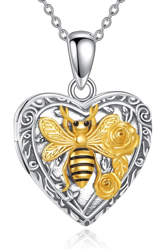 Bee 925 Sterling Silver Locket Necklace Heart Pendant That Holds Pictures Photo Jewelry Gifts for Men Women Christmas Birthday