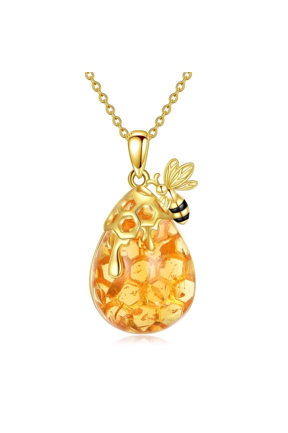 Bee Necklace 18K Gold Plated Amber Teardrop Pendant Necklaces Jewelry Gift for Women (Amber Bee)