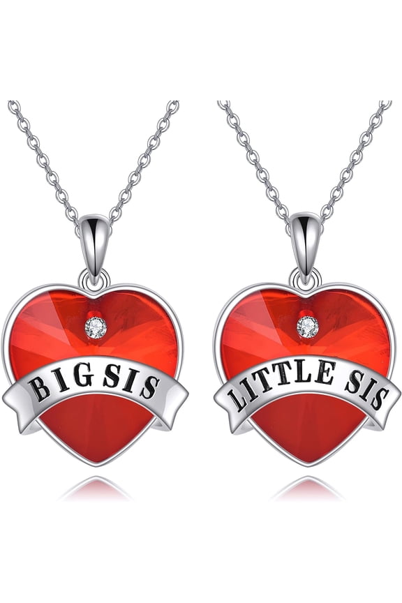Big Sis Little Sis Necklace Sterling Silver Red Heart Big Sis Little Sis Pendant Necklace Big Sister Little Sister Jewelry Matching Birthday Gifts for Women