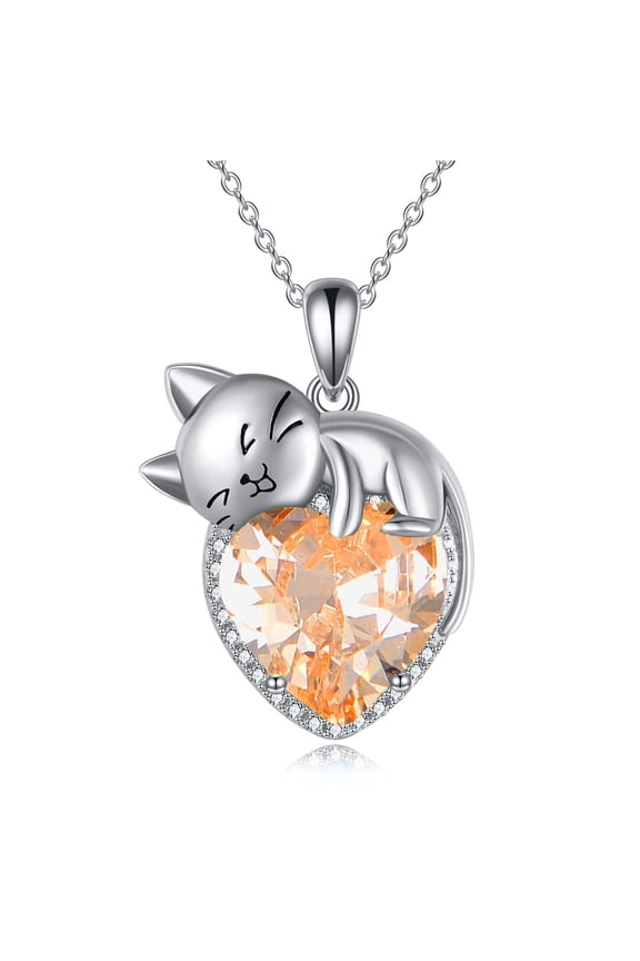 Birthstone Cat Necklace Sterling Silver Orange Crystal Cat Pendant Cats Jewelry November Birthday Gift for Women
