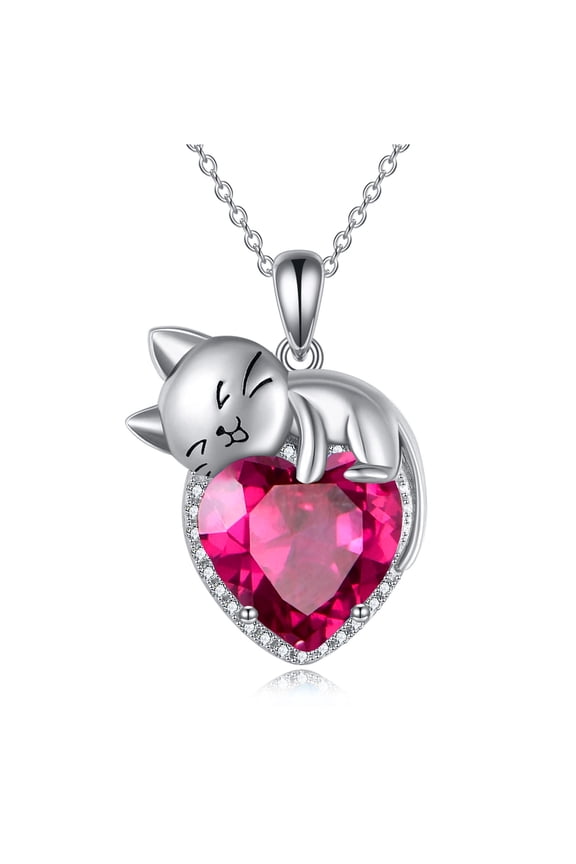 Birthstone Cat Necklace Sterling Silver Red Crystal Cat Pendant Ruby Jewelry July Birthday Gift for Women