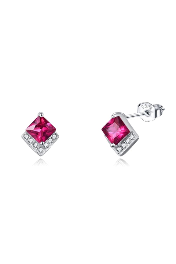 Birthstone Stud Earrings Sterling Silver Square Created Ruby Red Crystal July Earrings Cubic Zirconia Hypoallergenic Piercing Jewelry Small Gifts for Women Mothers