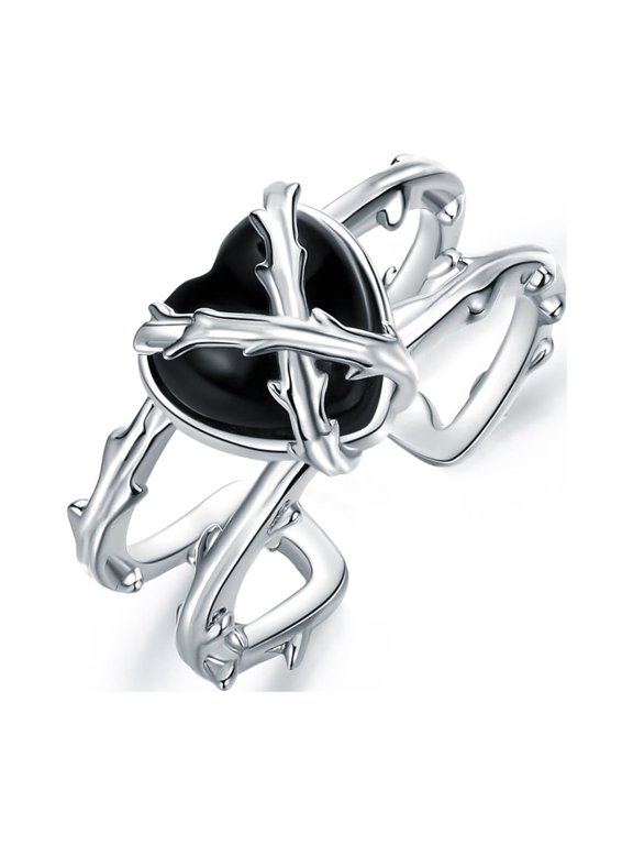 Black Agate Rings 925 Sterling Silver Heart Thorns Rings Adjustable Open Rings Tree Branch Thorn Jewelry for Men Women Lover