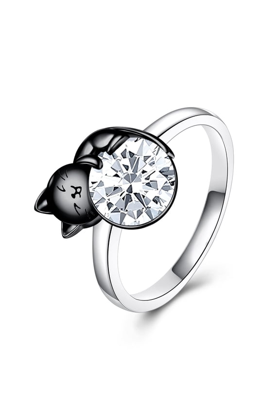Black Cat Birthstone Ring Sterling Silver Cat Rings 7Inch April Birthstone Ring Jewelry Cats Lovers Gifts for Women Wife