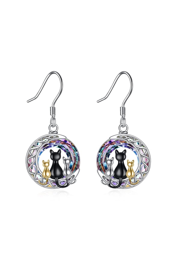 Black Cat Earring for Women Sterling Silver Cat Dangle Earrings for Women (crystal 3)