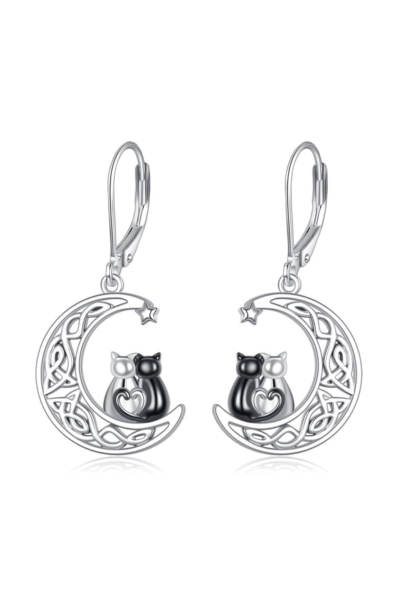 Black Cat Earrings for Women 925 Sterling Silver Crescent Moon Celtic Knot Cute Black and White Kitten Cat Earrings Dangle Hypoallergenic Halloween Lover Gifts Jewelry for Women