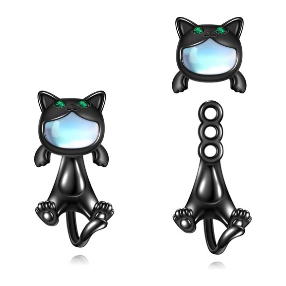 YAFEINI Black Cat Earrings for Women 925 Sterling Silver Cat Earrings Studs Moonstone Earrings Black Cat Gifts Cat Jewelry, 16*8