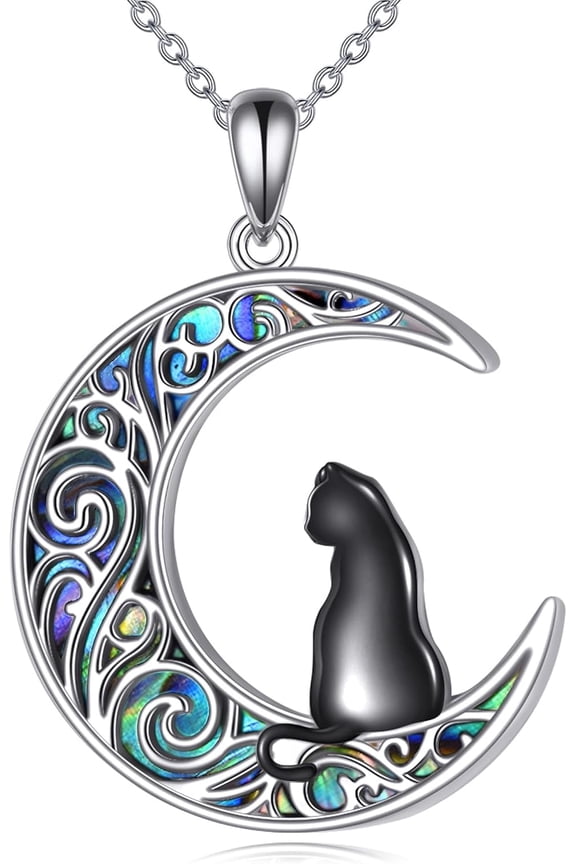 Black Cat Necklace 925 Sterling Silver Cat Necklace for Women Abalone Shell Halloween Cat Necklace Moon Cat Necklace Cat Jewelry for Women Mother Wife