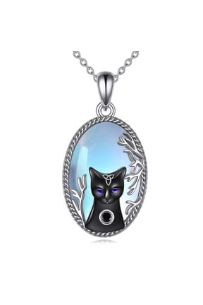 Black Cat Necklace Moonstone Sterling Silver Cats Necklace Gothic Black Cat Jewelry Gifts for Cat Lovers Women