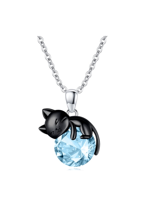 Black Cat Necklace Sterling Silver Cat Pendant March Birthstone Jewelry for Women Cat Lovers Birthday Gifts