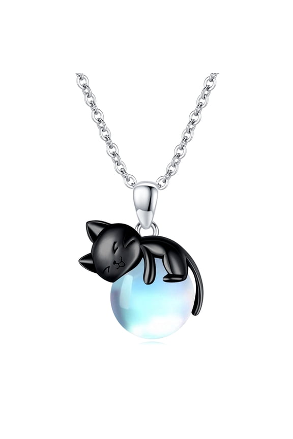Black Cat Necklace Sterling Silver Moonstone Cat Pendant Gothic Jewelry for Women Cats Lovers Gifts
