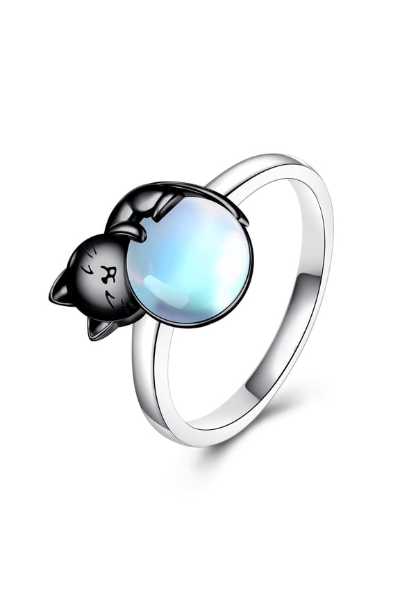 Black Cat Ring Sterling Silver Cat Ring 8Inch Moonstone Rings Jewelry Cats Lovers Gifts for Women