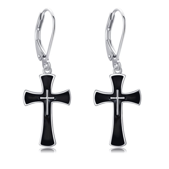 YAFEINI Black Cross Earrings for Women 925 Sterling Silver Leverback Earrings for Men Christian Jewelry Gifts