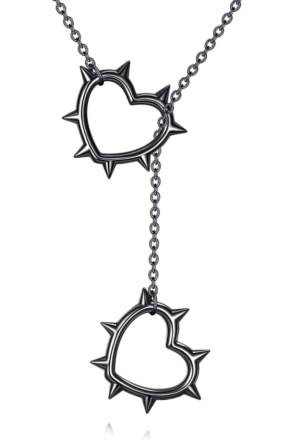 Black Heart Necklace Sterling Silver Y Lariat Spike Heart Pendant Necklace Gothic Jewelry Goth Gift For Women