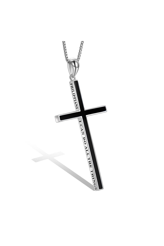 Black Onyx Cross Necklace for Women and Men 925 Sterling Silver Inspirational Necklace Engraved I Can Do All Things Religious Jewelry Gift, 20+2'