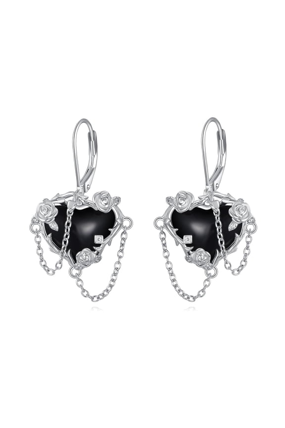 Black Onyx Rose Flower Heart Earrings for Women 925 Sterling Silver Gothic Dangle Witchy Earrings Vampire Jewelry Gifts Halloween