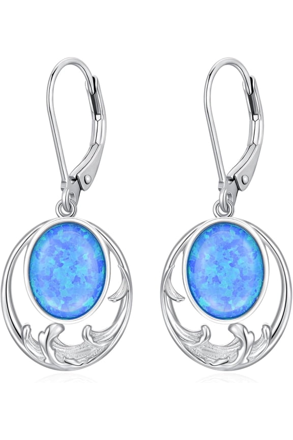 Blue Opal Earrings 925 Sterling Silver Wave Earrings Blue Opal Wave Dangle Earrings Oval Blue Opal Jewelry Gifts for Women