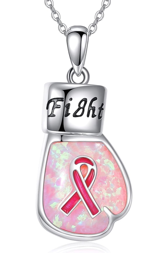 Breast Cancer Awareness Necklace Sterling Silver Pink Opal Ribbon Boxing Pendant Necklace Boxing Jewelry Breast Cancer Survivor Gift for Women