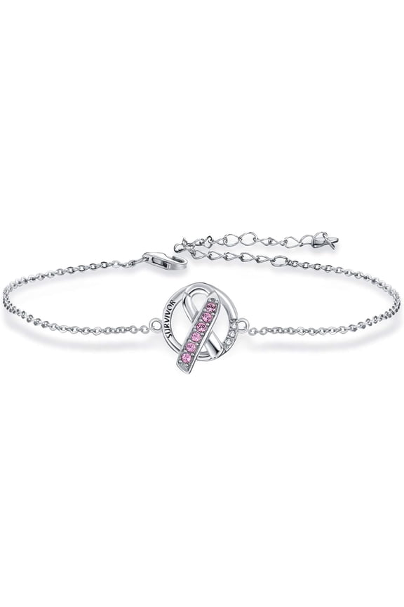 Breast Cancer Gifts for Women, Sterling Silver Cancer Awareness Bracelet, Pink Ribbon Jewelry with Austrian Crystal (Pink)