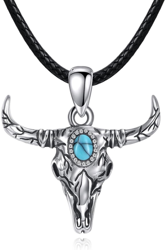 Bull Head Necklace 925 Sterling Silver Turquoise Skull Bull Head Necklace Western Pendant Jewelry for Men Women