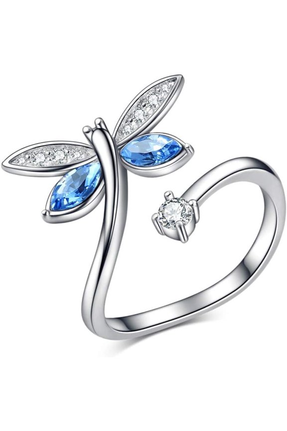 Blue Dragonfly Open Rings 925 Sterling Silver Dragonfly Adjustable Open Wrap Rings Jewelry Gift for Women Mom Grandma