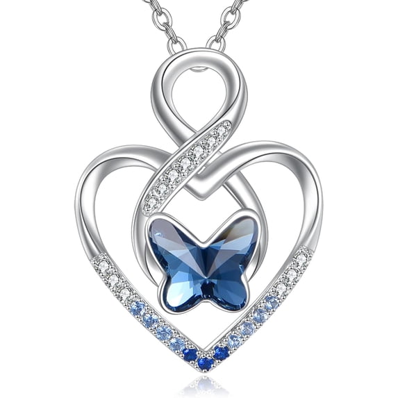 YAFEINI Butterfly Necklace for Women 925 Sterling Silver Blue Crystal Heart Necklace Butterfly Jewelry Gifts for Her