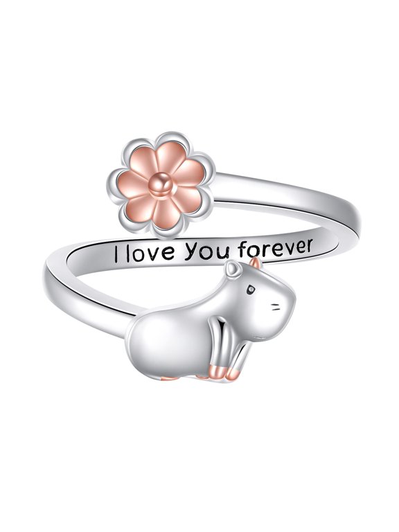 Capybara Open Ring 925 Sterling Silver Adjustable Animal Ring Cute Capybara Jewelry Gift for Women
