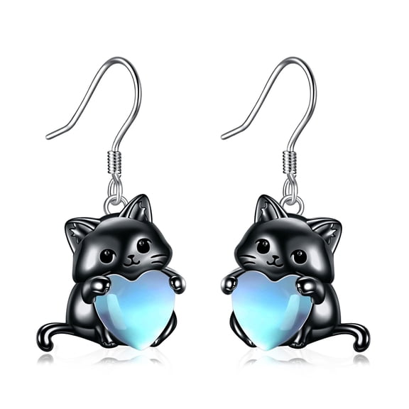 YAFEINI Cat Moonstone Earrings for Women Sterling Silver Cute Cat Stud Earrings Jewelry (black 2)