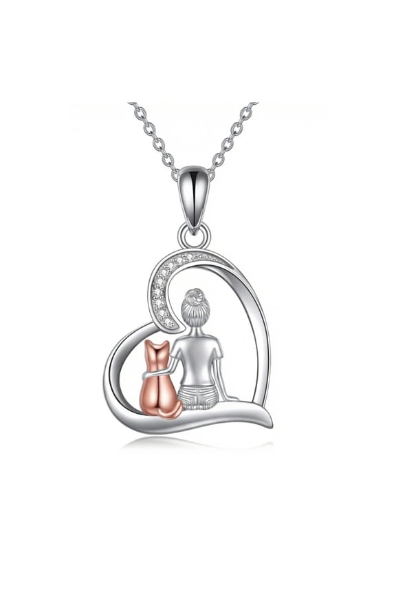 Cat Necklace Heart Jewelry for Women, Cat Jewelry Gifts for Pet Lovers (Silver-One Cat Necklace)
