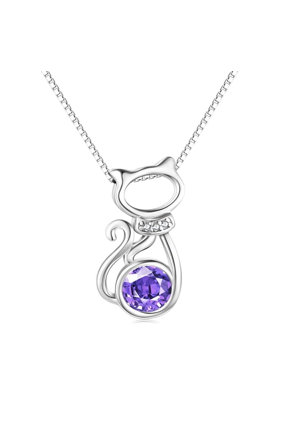 Cat Necklace Sterling Silver Birthstone Cat Pendant Cute Jewelry Gifts for Women (February)