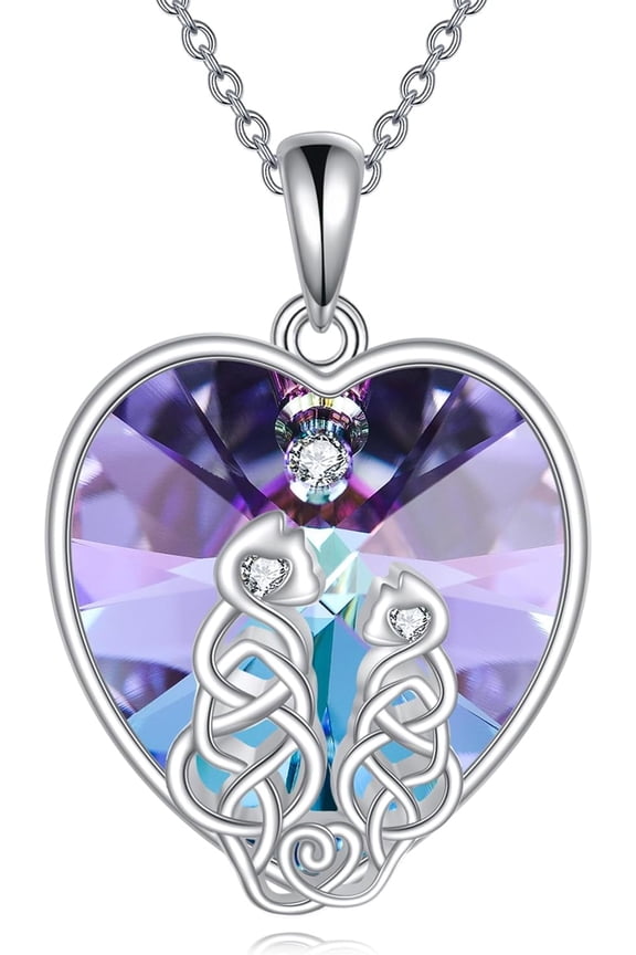 Cat Necklace for Women 925 Sterling Silver Celtic Knot Double Cat Amethyst Pendant Jewelry Gifts for Women Sister Bestie