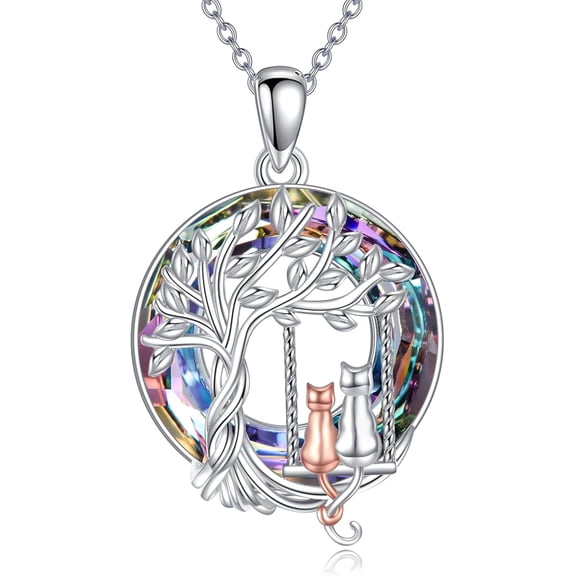 YAFEINI Cat Necklace for Women Sterling Silver Crystal Tree of Life Pendant Neckalce Jewelry Gifts for Cats Lover