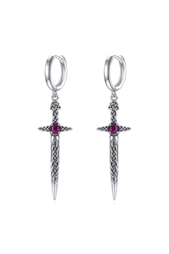 Celtic Dagger Earrings for Women 925 Sterling Silver Red zircon Sword Dangle Drop Earrings Gothic Punk Grunge Jewelry for Women Men