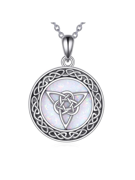 Celtic Knot Circle Necklace 925 Sterling Silver 14K White Gold Plated Opal Pendant Necklace for Women