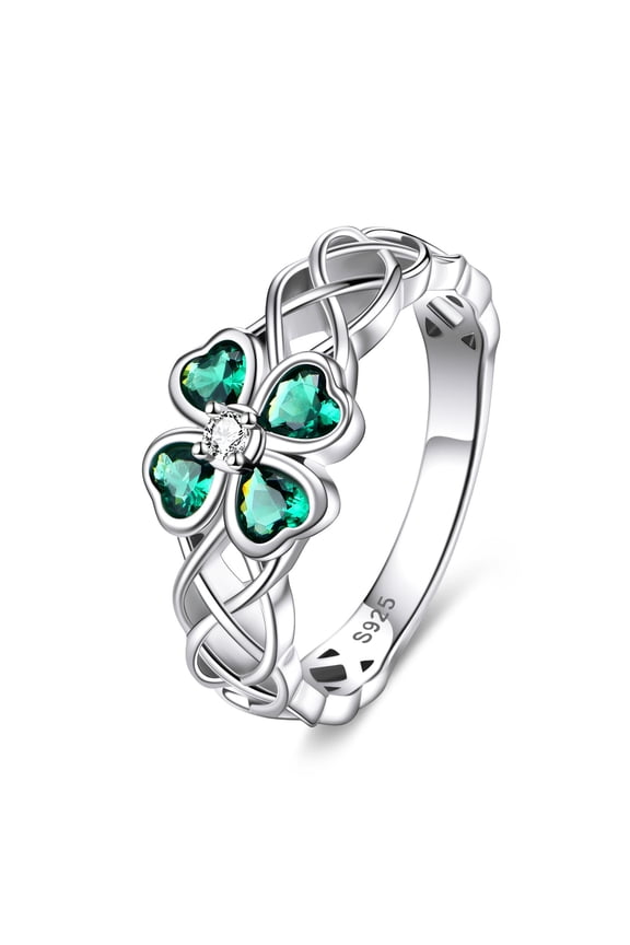 Celtic Knot Clover Ring Green Shamrock Sterling Silver Emerald Four-leaf Rings St Patrick's Day Jewelry Irish Gifts for Women