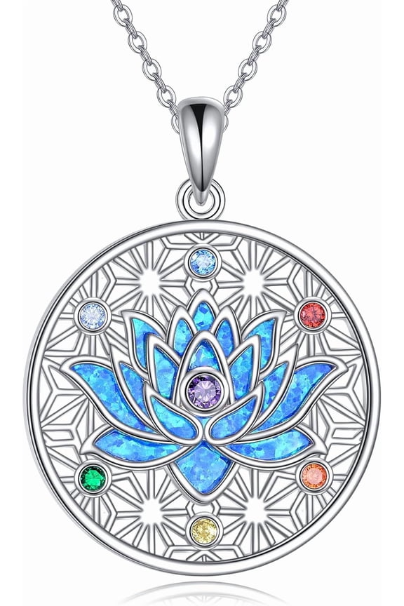Chakra Lotus Necklace Sterling Silver Seven Chakra Lotus Flower Pendant Necklace Blue Lotus Jewelry for Women Yoga Gifts for Women