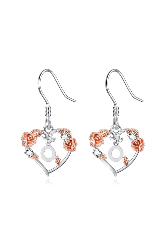 Christmas Gifts Rose Heart Earrings Valentine's Day Women's Gift, 925 Sterling Silver Rose Heart Initial Drop Dangle Love Earring Jewelry, Suitable for Mom, Wife, Girlfriend (O)