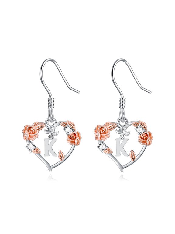 Christmas Gifts Rose Heart Earrings Valentine's Day Women's Gift, 925 Sterling Silver Rose Heart Initial Drop Dangle Love Earring Jewelry, Suitable for Mom, Wife, Girlfriend (K)